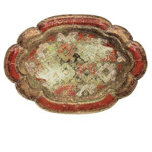 Vintage Florentine Tray Gold Red Green White Wood Painted Tray 13” x 9.5” x 1”